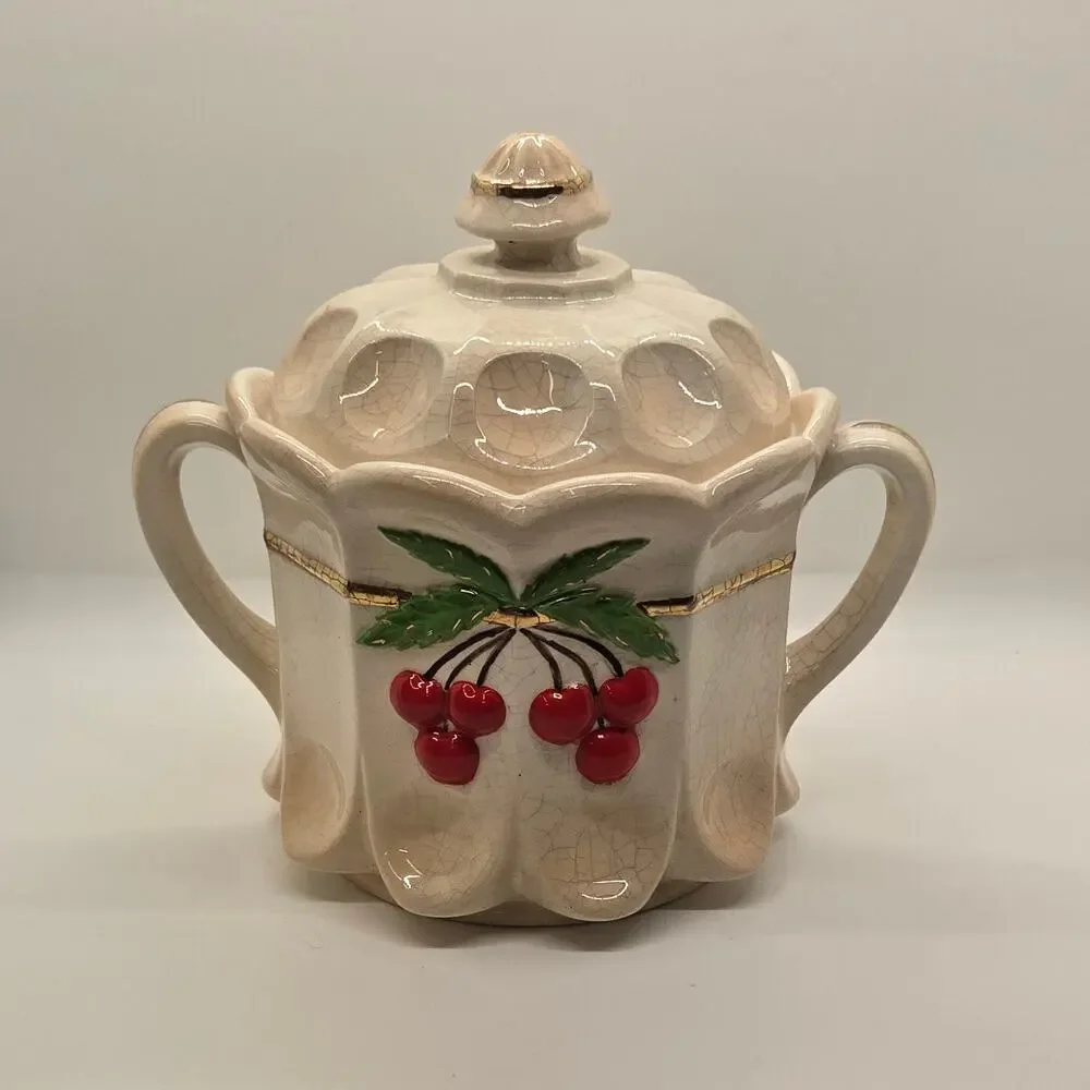 Vintage Westmoreland Milk Glass Hand Painted Cherry Thumbprint Panel Cookie Jar